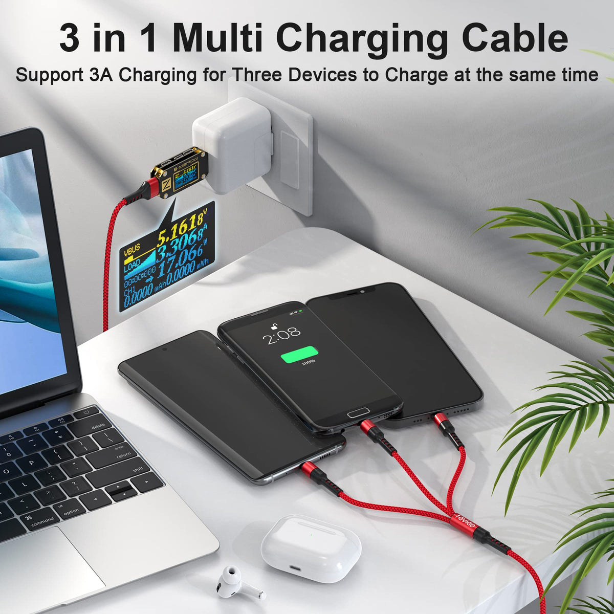 RAVIAD Multi Charger Cable, 3 in 1 Charger Cable 3A USB Fast Charging Cord