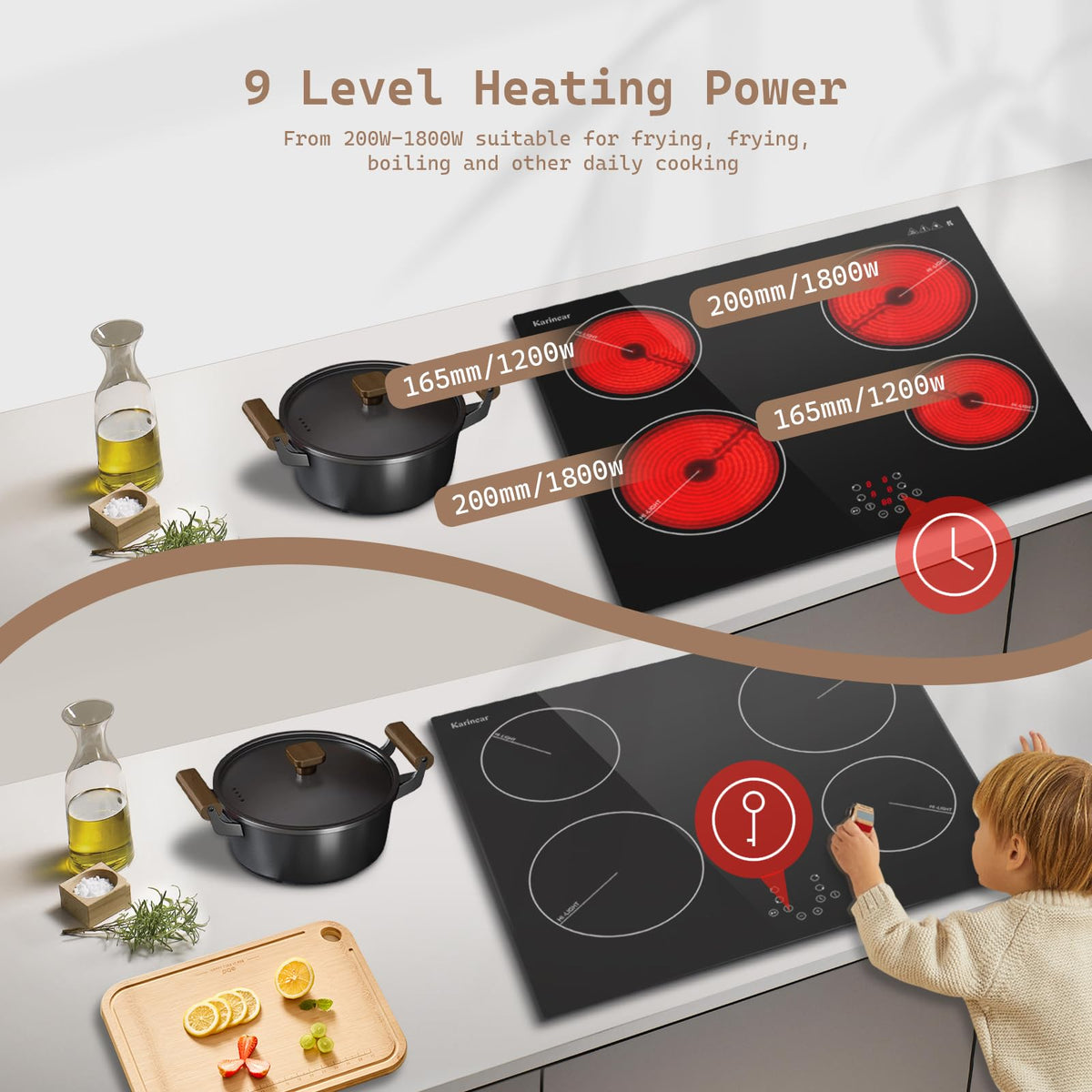 Karinear Electric Ceramic Hob 60cm 4 Zones with Built-in Extractor Hood