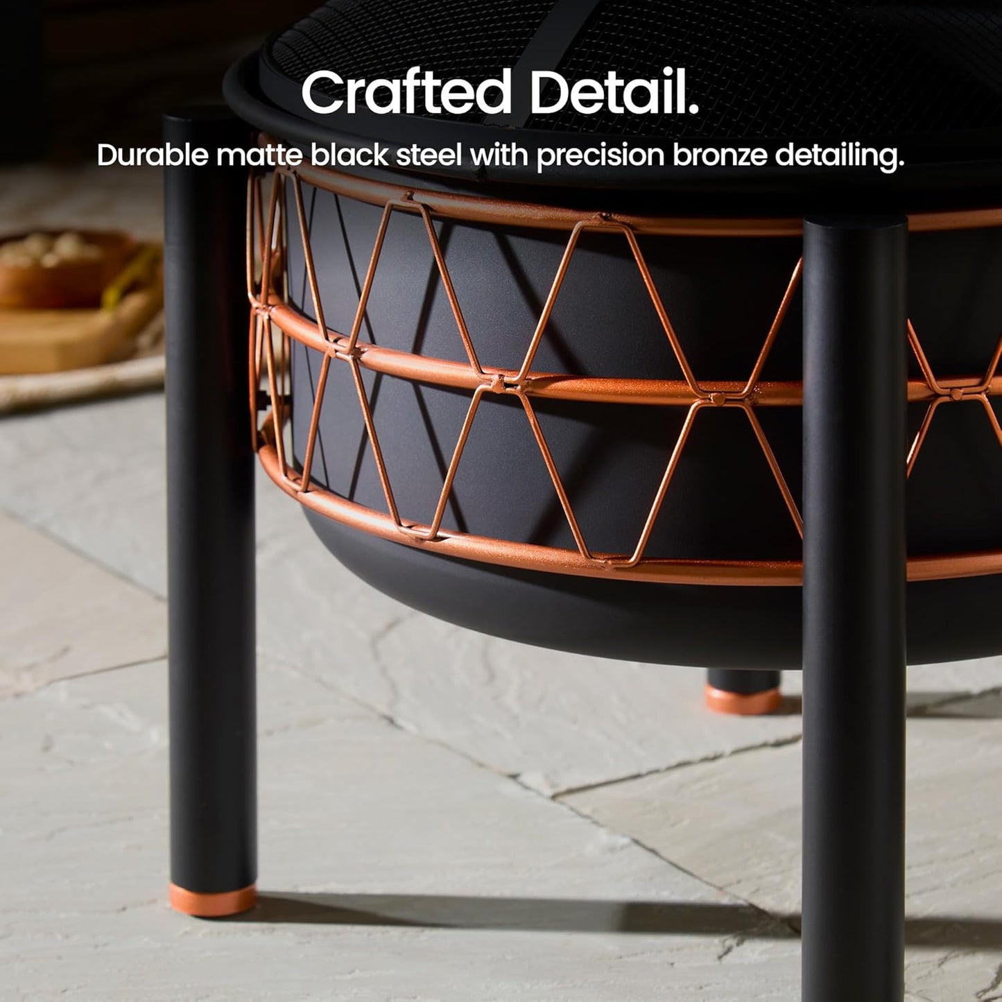VonHaus Fire Pit – 2 in 1 Firepit with BBQ Cooking Grill for Outdoor, Garden, Patio – Black Steel with Copper Detail, Fire Poker & Mesh Cover Included – Use Wood or Charcoal to Fuel