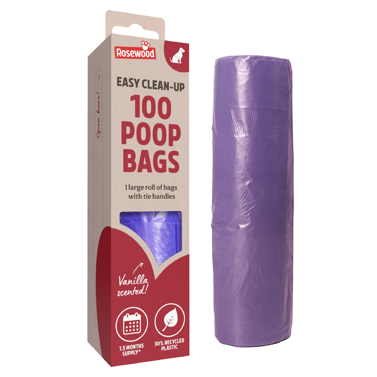 Rosewood Dog Poo Bags with Handles - 100 Easy Clean-Up Poop Bags, Loose Packed Dog Waste Bags with Tie Handles, Lightly Scented, Black