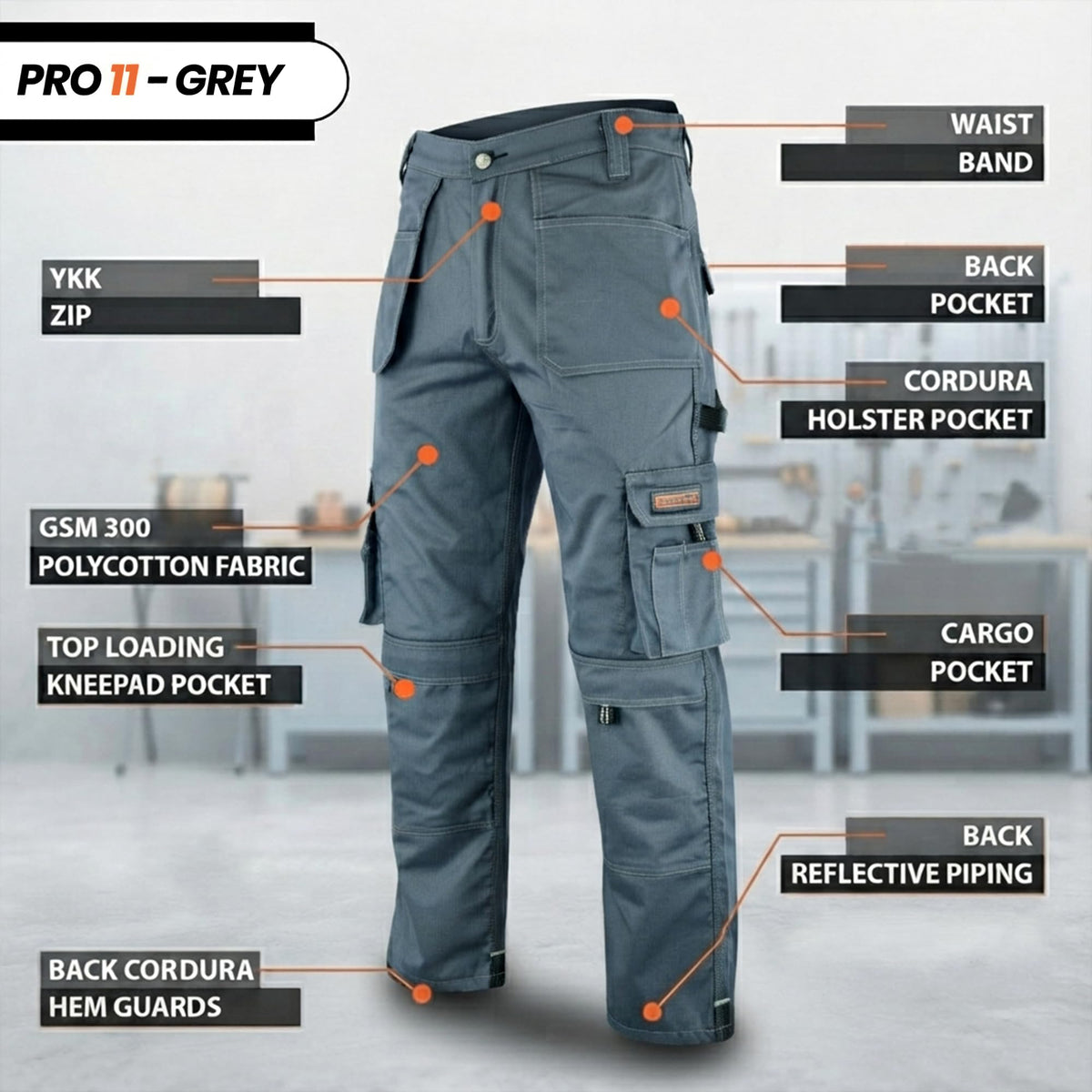 WrightFits Men Pro-11 Work Trousers Black - Heavy Duty Safety Combat Cargo Pant - Multi Pockets & Knee Pad Pockets - Triple Stitched -Durable Work wear (28W-48W)