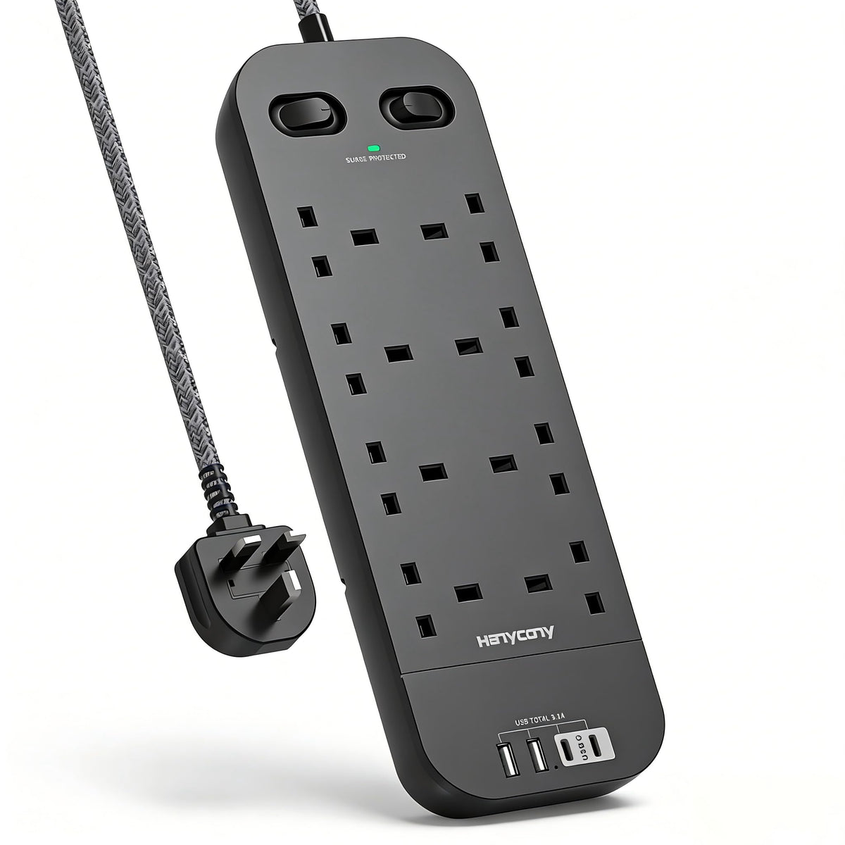 Extension Lead with 2 USB C Slots, 8 Way Power Strip Surge Protector