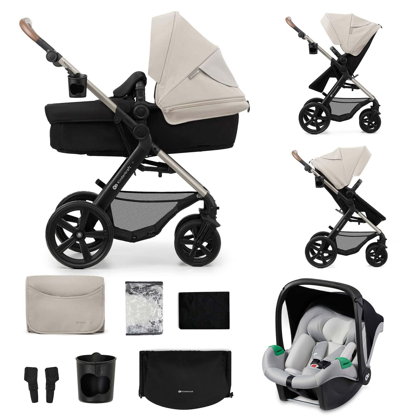 Kinderkraft MOOV 2 AIR 4 in 1 Set, Pram with Infant Car Seat with Isofix Base Mink PRO I-Size, Travel System, Baby Pushchair, Buggy, Foldable, from Birth to 22 kg, Inflatable Wheels, Gray