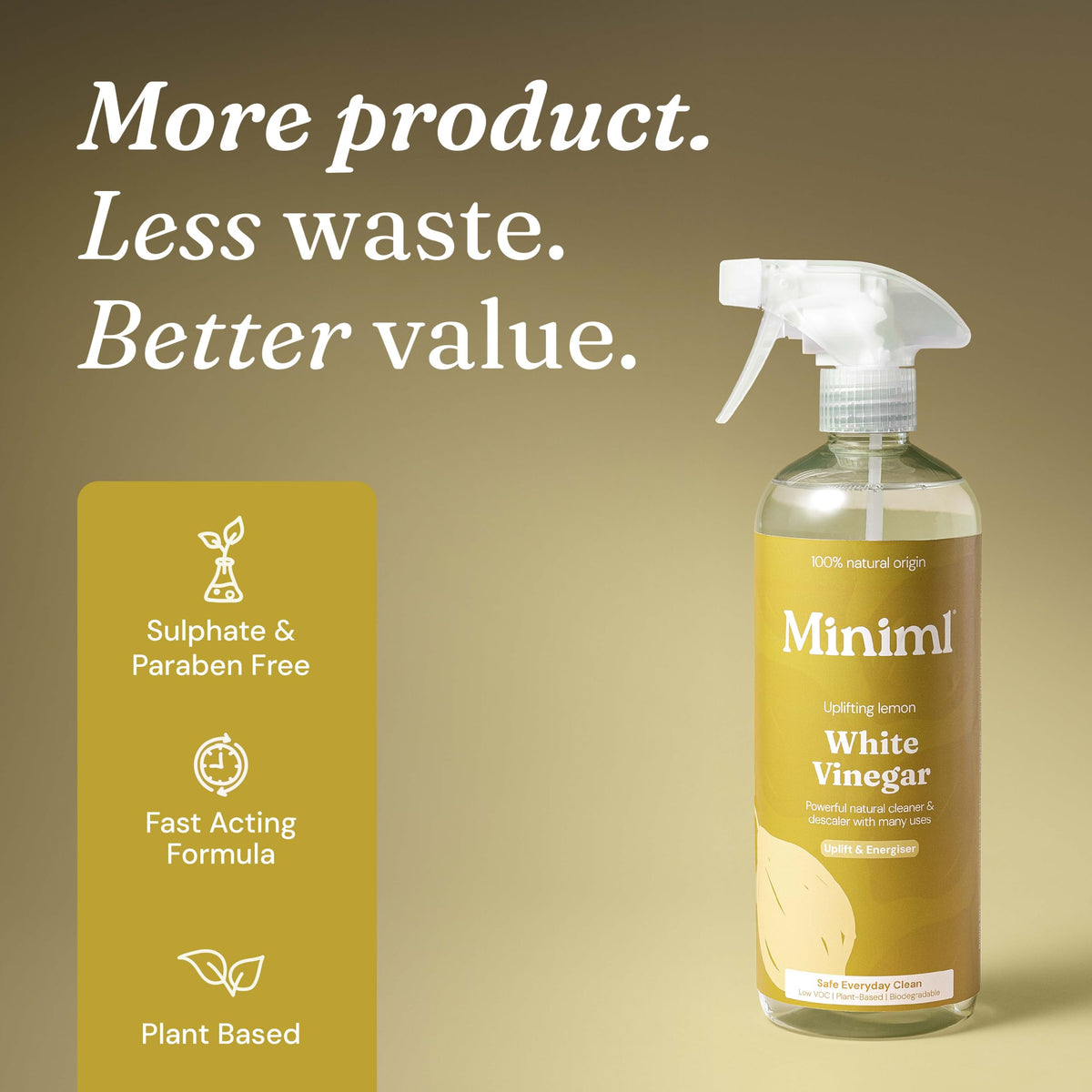 Miniml Eco White Vinegar Cleaning Unscented 750ml - All Natural Multi-Surface & Multi-Purpose Cleaner, Limescale Remover, Laundry Softener & More - 100% Vegan & Cruelty Free