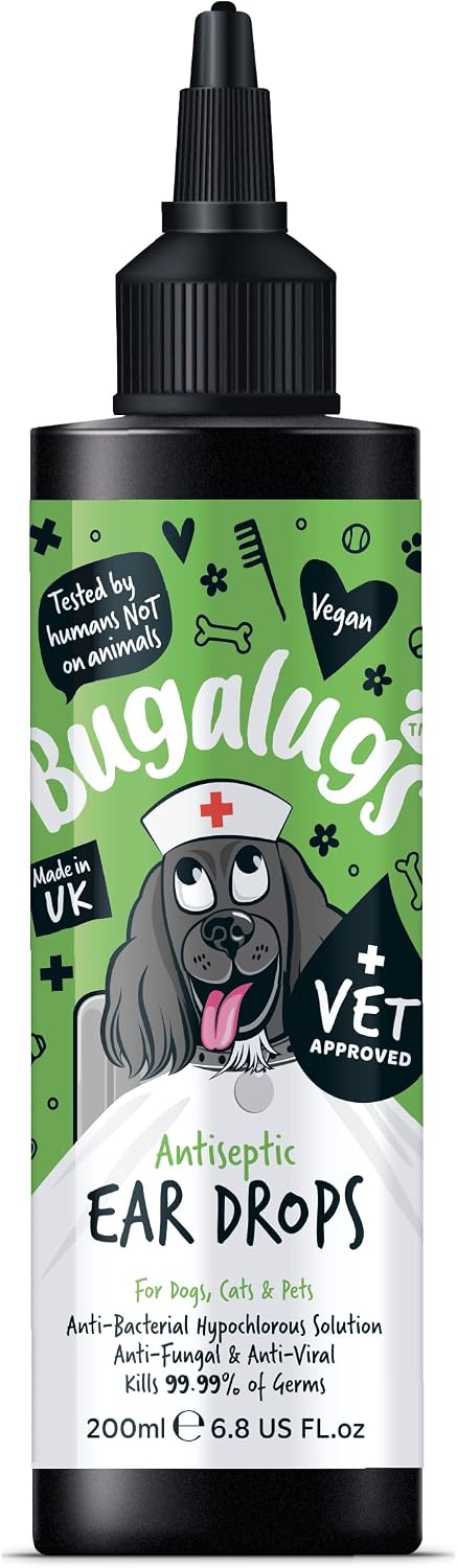 BUGALUGS Antiseptic Ear Drops 200ml – Ear Disinfection, Kills bacteria, Stops Odours, Scratching & Discomfort, Anti-fungal (Yeast), Veterinary-grade, for Dogs, Cats & all other animals