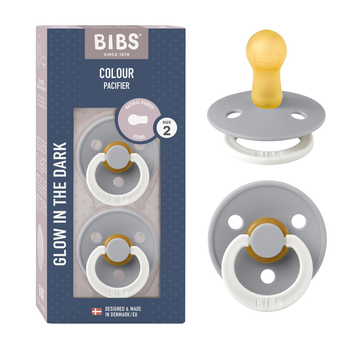 BIBS Colour Soother 2-Pack, BPA Free Dummy Pacifier, Round Nipple. Natural Rubber Latex, Made in Denmark, Size 2 (6-18 Months), Baby Blue
