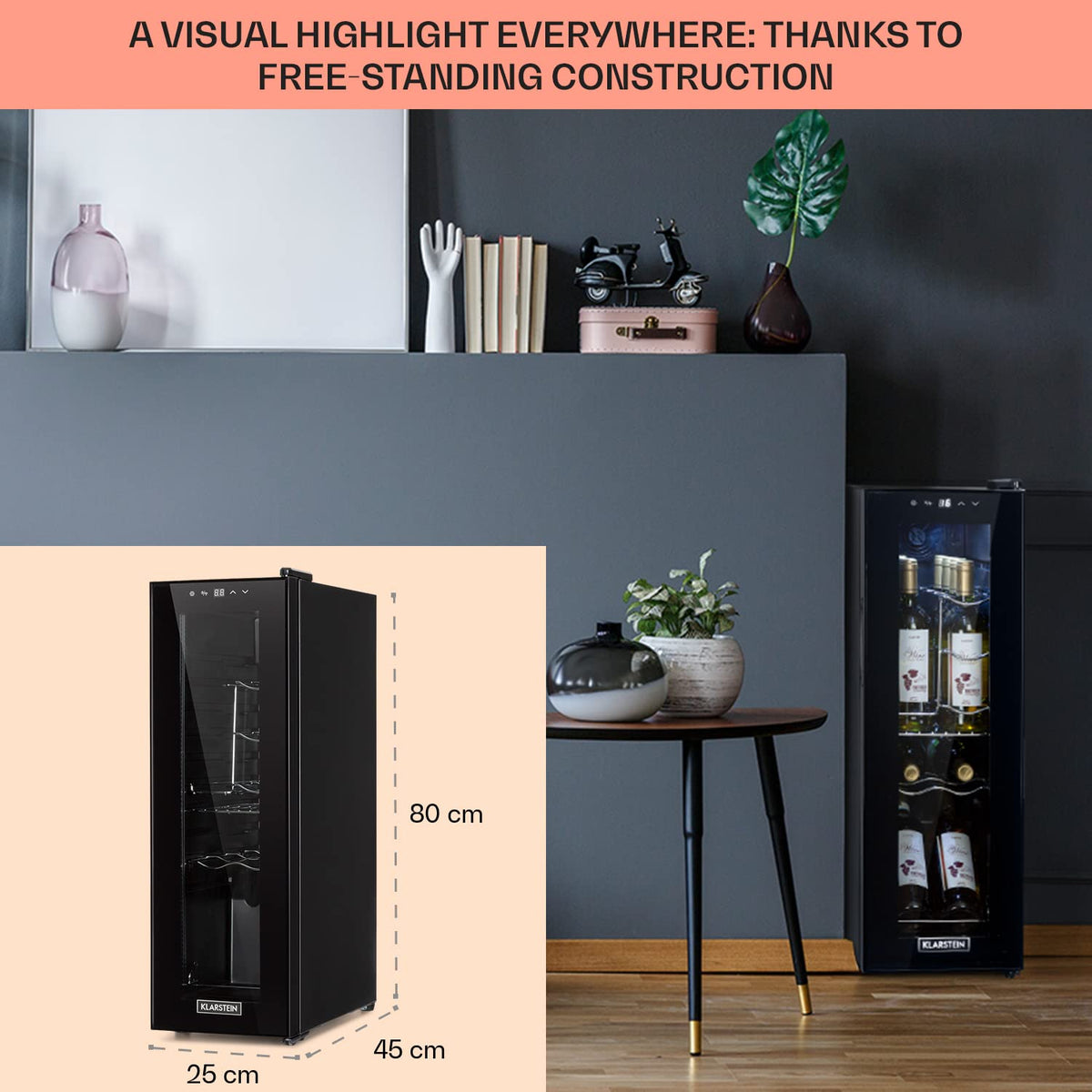 KLARSTEIN Shiraz Wine Cooler Black – 8 Bottles, 1 Zone | Freestanding Wine Fridge with Glass Door, Quiet, 5–18 °C, LED, Stainless Steel Frame