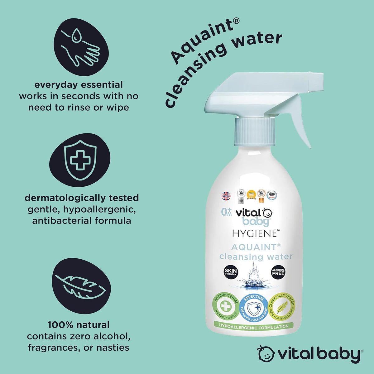 Vital Baby Aquaint Cleansing Water 1L | Hypoallergenic, Antibacterial