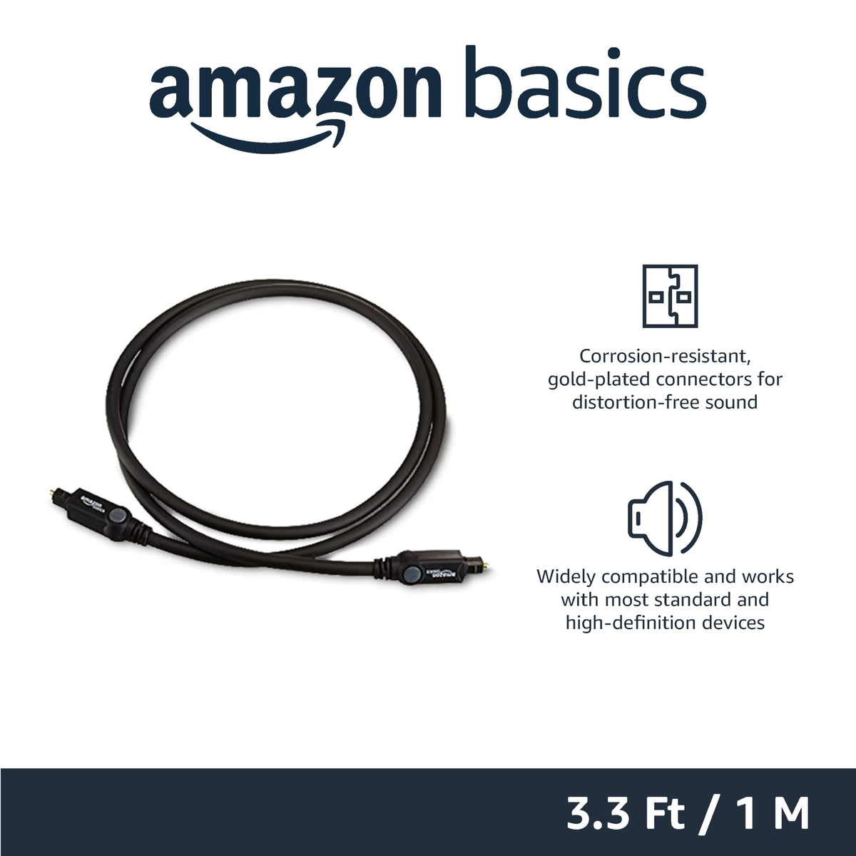 Amazon Basics Toslink Digital Optical Audio Cable, Multi-Channel, for Audio System, Sound Bar, Home Theatre, Gold-Plated Connectors, 3 m, Black