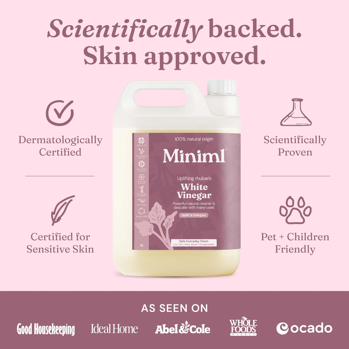 Miniml Eco White Vinegar Cleaning Unscented 750ml - All Natural Multi-Surface & Multi-Purpose Cleaner, Limescale Remover, Laundry Softener & More - 100% Vegan & Cruelty Free