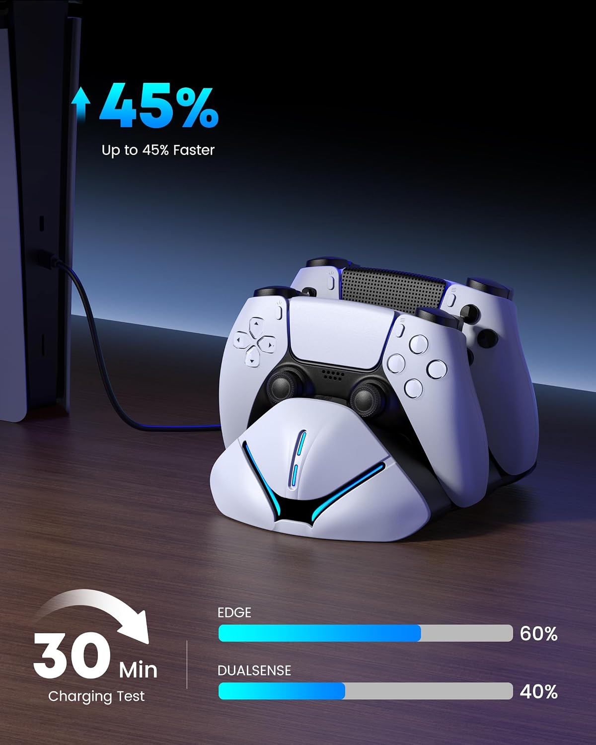 HELLCOOL PS5 Charging Charger for DualSense & Edge, Fast Charge 2 Controllers Simultaneously, Drop&Go No Alignment, LED Indicator with Touch Off, Smart Safety Protection, with 1m USB-C Cable