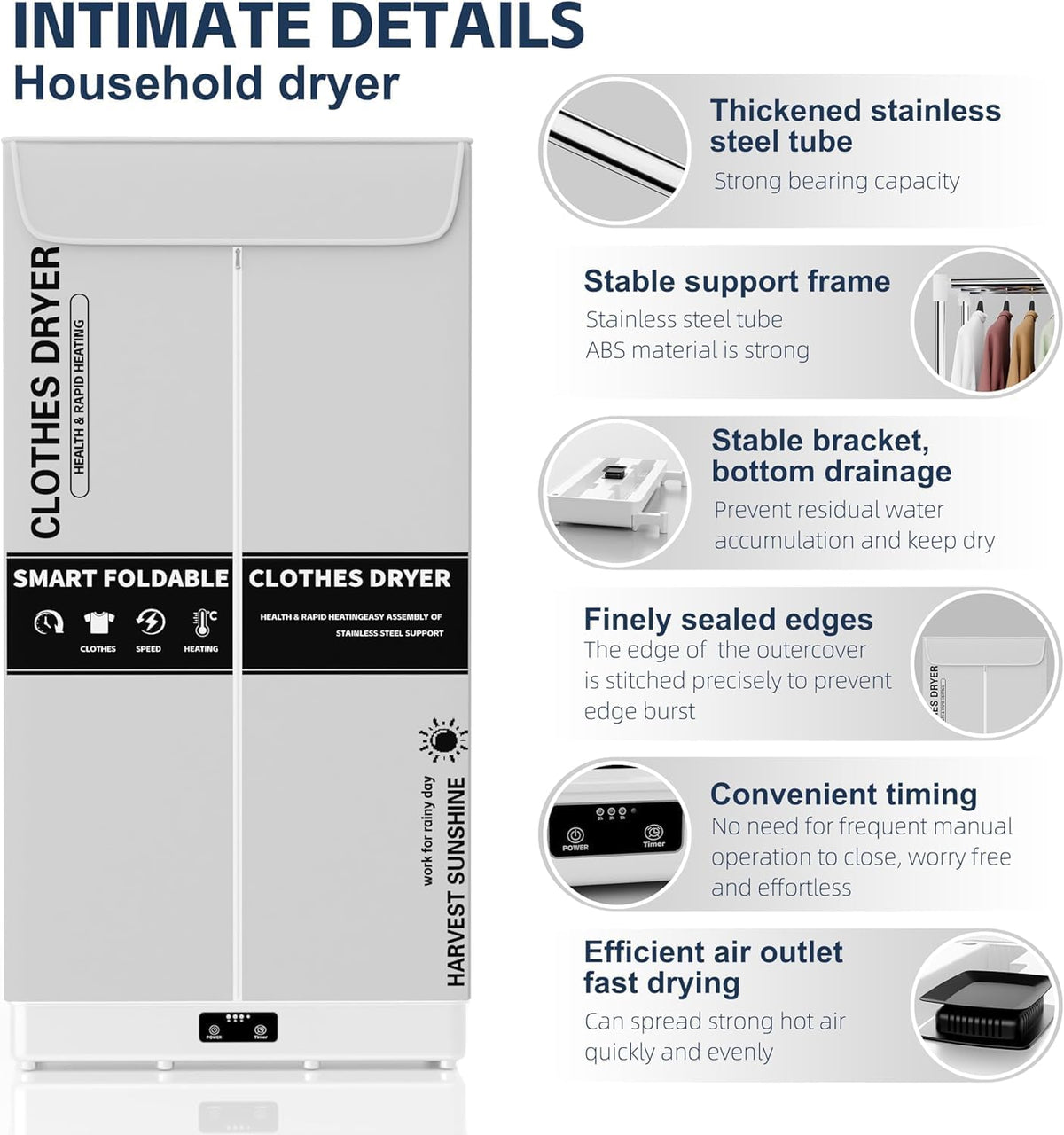 Clothes Dryer, Portable Foldable Drying Machine with Timer, Easy Carry Laundry Drying Wardrobe with Large Capacity, Electric Dryer/Rack for Home | Appartments | RV (White)