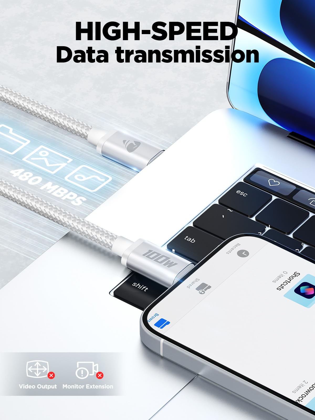 USB-C to C 1M 100W PD3.0 Fast Charging Cable - Compatible with MacBook Pro, iPad Air, iPhone 15, Samsung S23/S22/S21 Ultra, Pixel 7/6, Switch, PS5