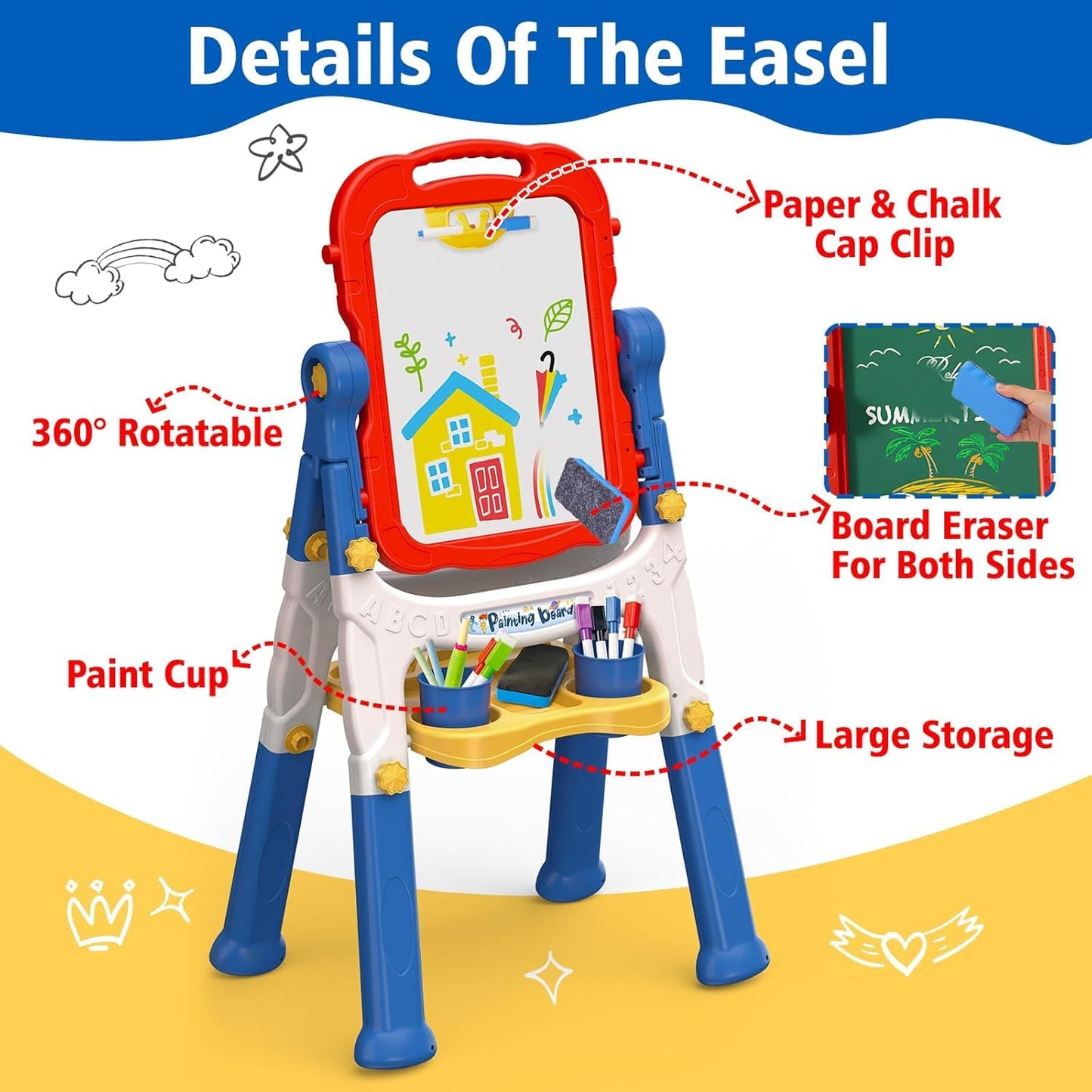 4 in 1 Kids Easel with Magnetic Whiteboard Chalkboard, Toddler Art Easel for Kids with Height Adjustable & 360°Rotatable Drawing Writing Painting Accessories, Gifts for 2 3 4 5 6 7 Year Old Boys Girls