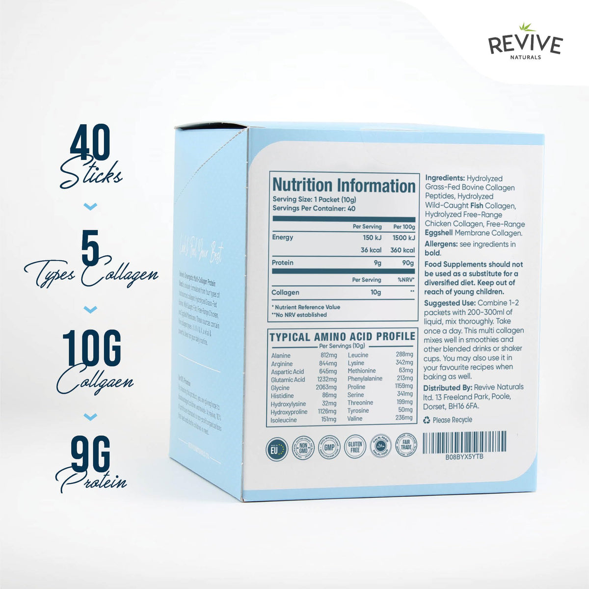 Multi Collagen Protein Powder 400g - Types I, II, III, V & X - Hydrolyzed Grass Fed Bovine, Wild Caught Fish, & Free-Range Chicken & Eggshell Collagen by Revive Naturals