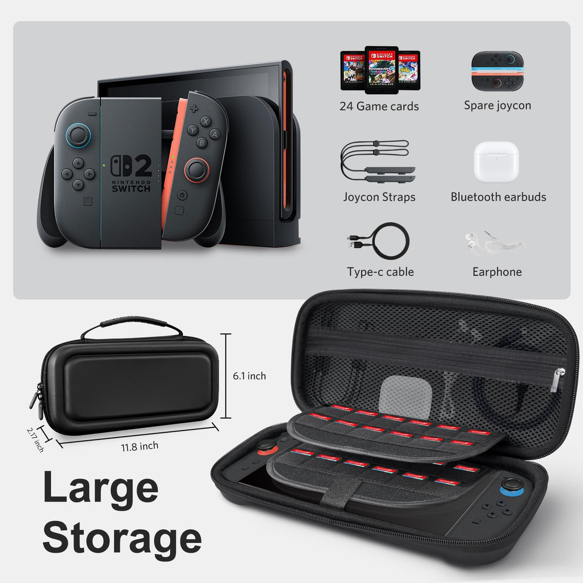CoBak Large Capacity Carrying Case for Nintendo Switch 2 2025- 3 in 1 Black