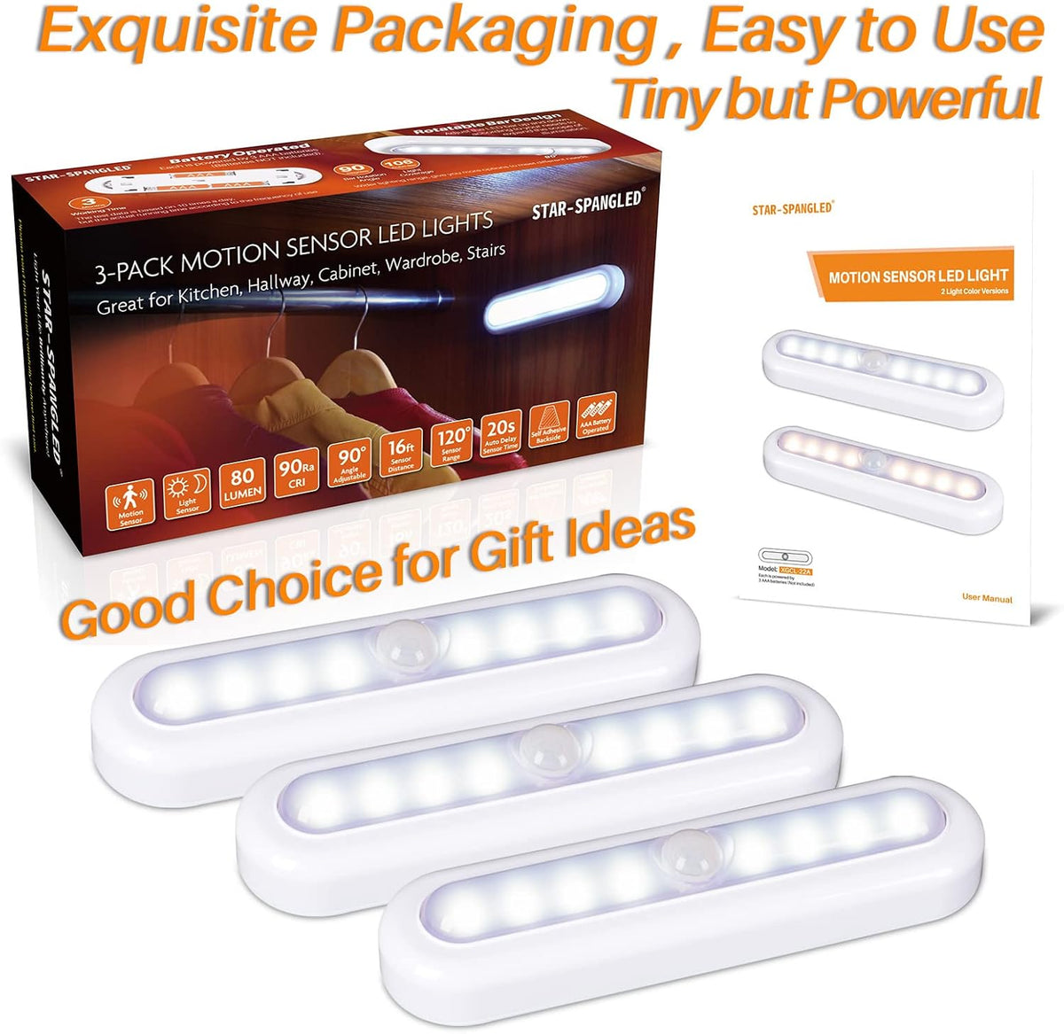 STAR-SPANGLED 7” LED Motion Sensor Lights Indoor AAA Battery, 3 Pack White