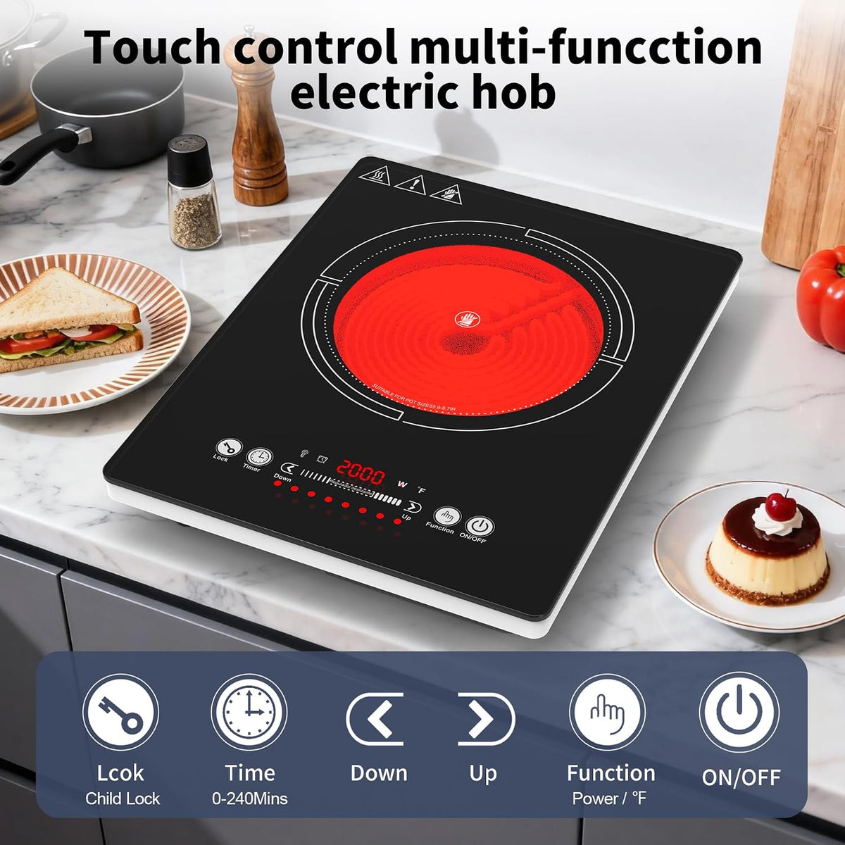 GIHETKUT single electric hob,220V 2000W Electric Hob with LED Touch Control,10 Power Levels, 4H Timer, Safety Lock,portable single burner hob Overheat protection