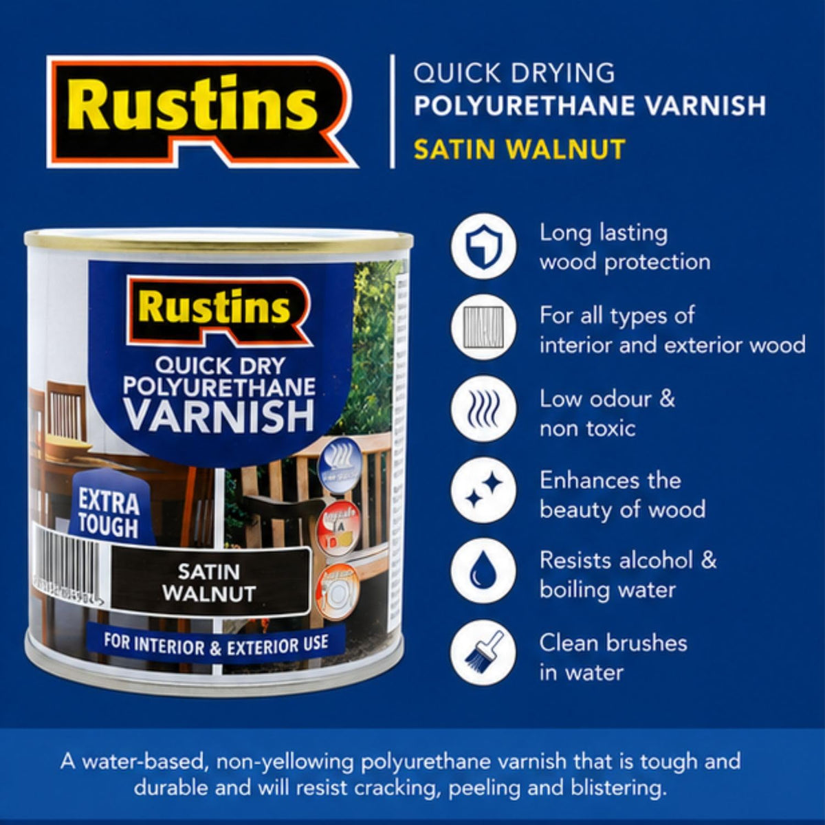 RustinsQuick Dry Poly Varnish Satin Clear 500ml -Tough, Water-Based Clear Finish in Gloss, Matt or Satin; Durable Protection for Interior Wood, Furniture and Floors
