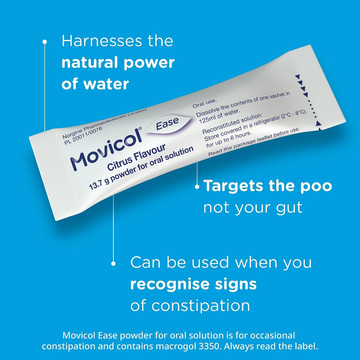 Movicol Ease Stick Sachets, Citrus, 20 Sachets, Constipation Relief for Adults, Laxatives, Relief, hydrates, softens & Help Restore Natural Bowel Movement