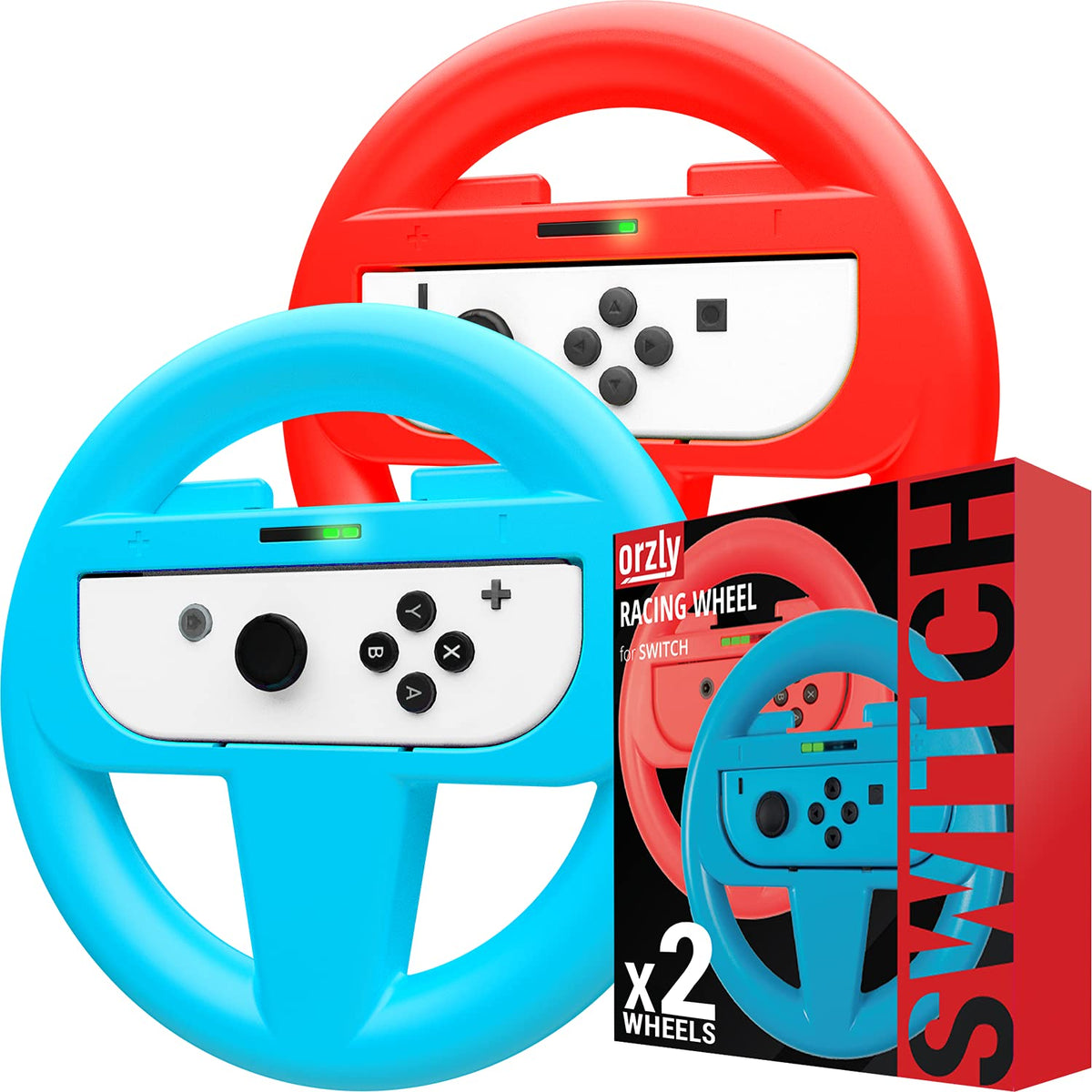 Orzly Racing Steering Wheels – Compatible with Switch 2 (2025 Console) – Party Pack of 4 Joy-Con Controller Attachments for Racing Games (2 Black, 1 Blue, 1 Red)