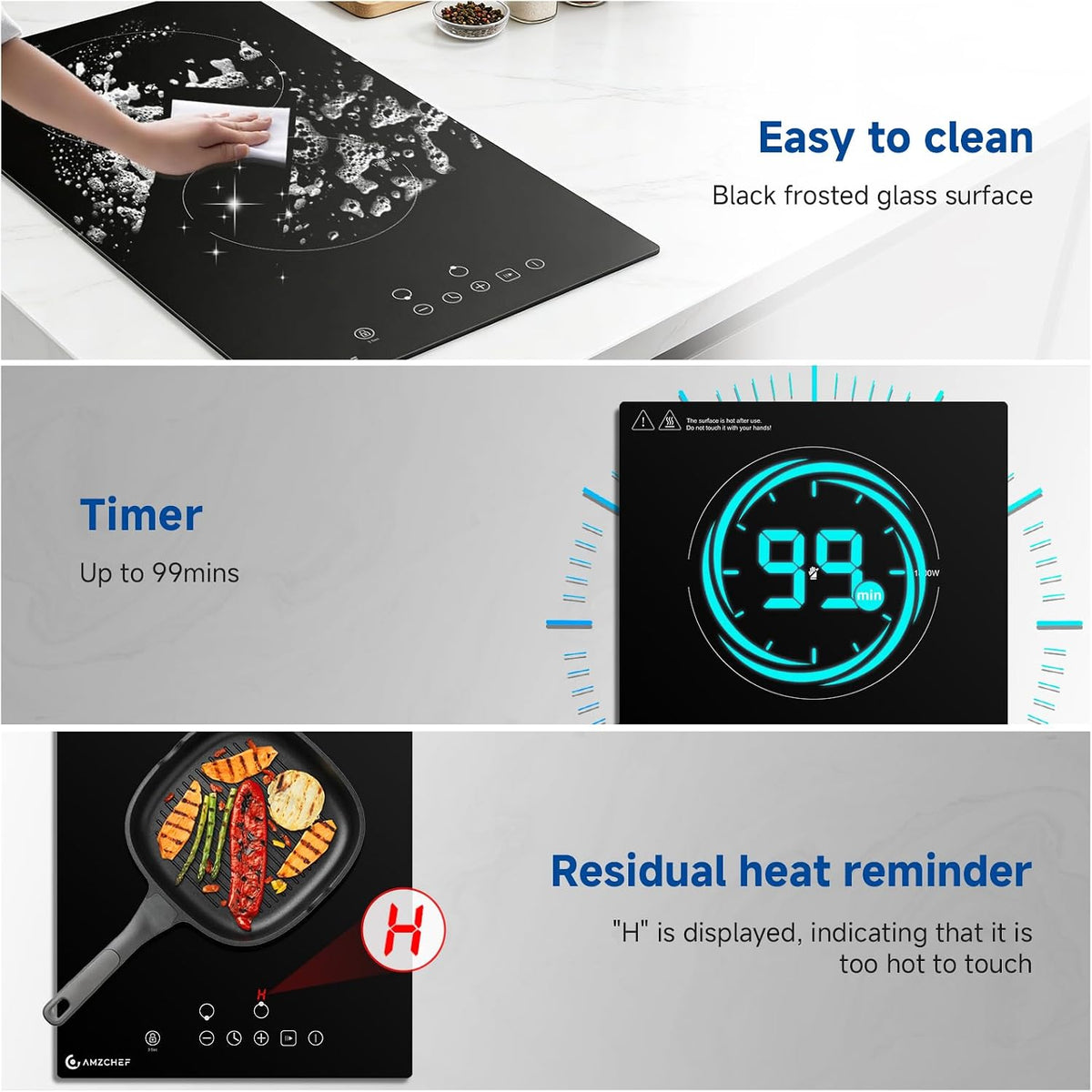 AMZCHEF Ceramic Hob 2 Zones, 3000W Electric Hob 2 Ring, Table Top & Built-in Dual installation, Plug and Play, 9 Power Levels, Timer & Pause Function, Child Lock, Easy Clean Frosted Glass Panel