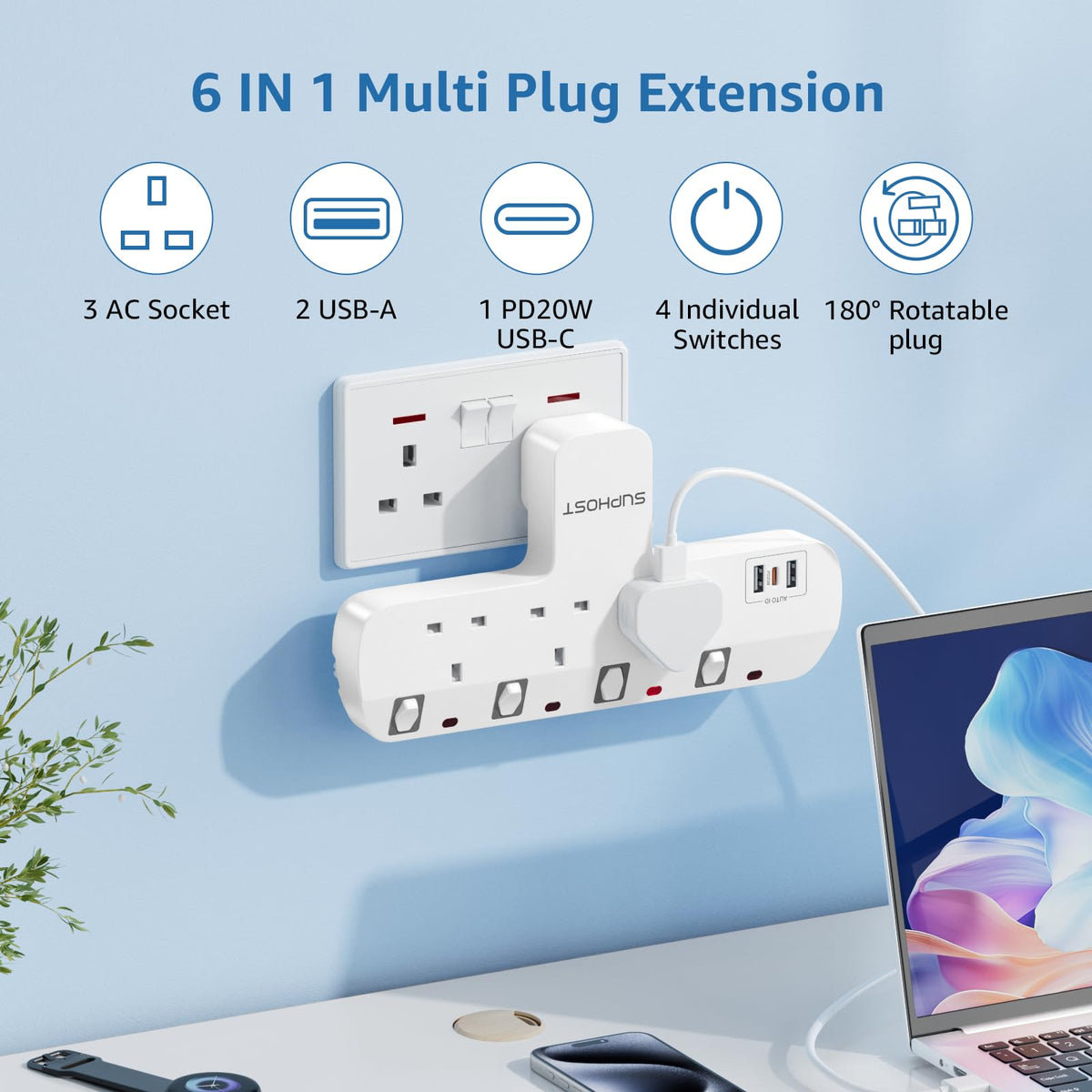Plug Extension Socket, 4 Way Plug Adapter with 180 Degree Rotating UK Plug, 13A Fused Multi Plug Adaptor with 4 Independent Switches, Wall Socket Extension for Home Office Kitchen