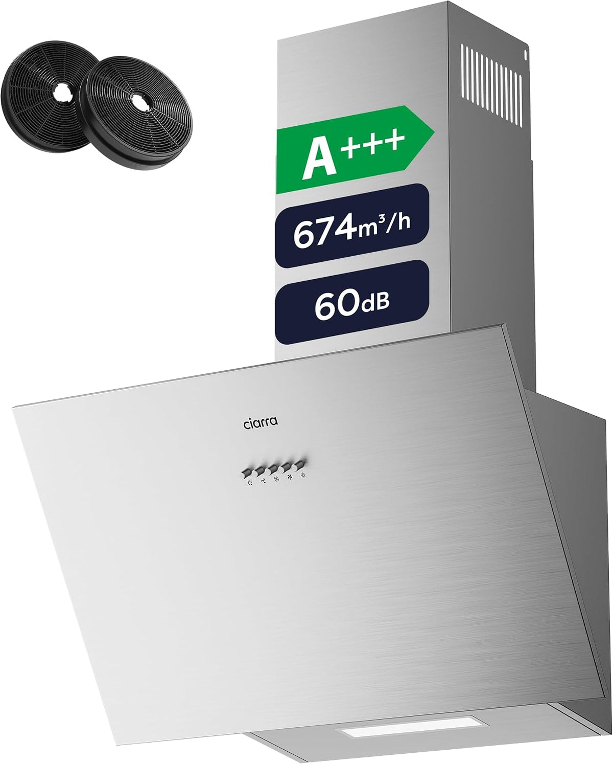 CIARRA CBCB6736C Angled Cooker Hood 60cm with CBCF002X2 Carbon Filters Recirculating & Ducting LED Lights Black Painting&Tempered Glass Wall Mounted Range Hood 600mm Kitchen Extractor Fan