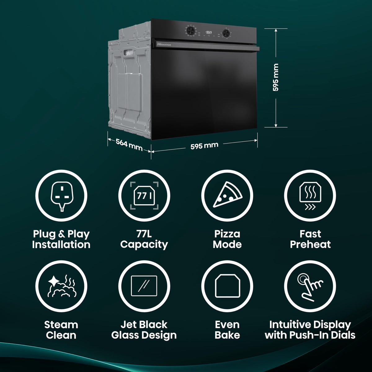 Hisense BI62020ABGUK - Built-in 60L Electric Single Oven - Black - 530x595x595 mm (DxWxH) - A Rated, Extra Large