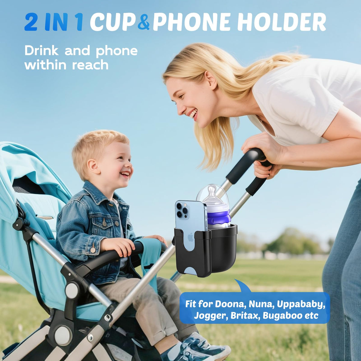 2-Pack Pram Cup Holder with Phone Holder, Universal Pram Buggy Accessories