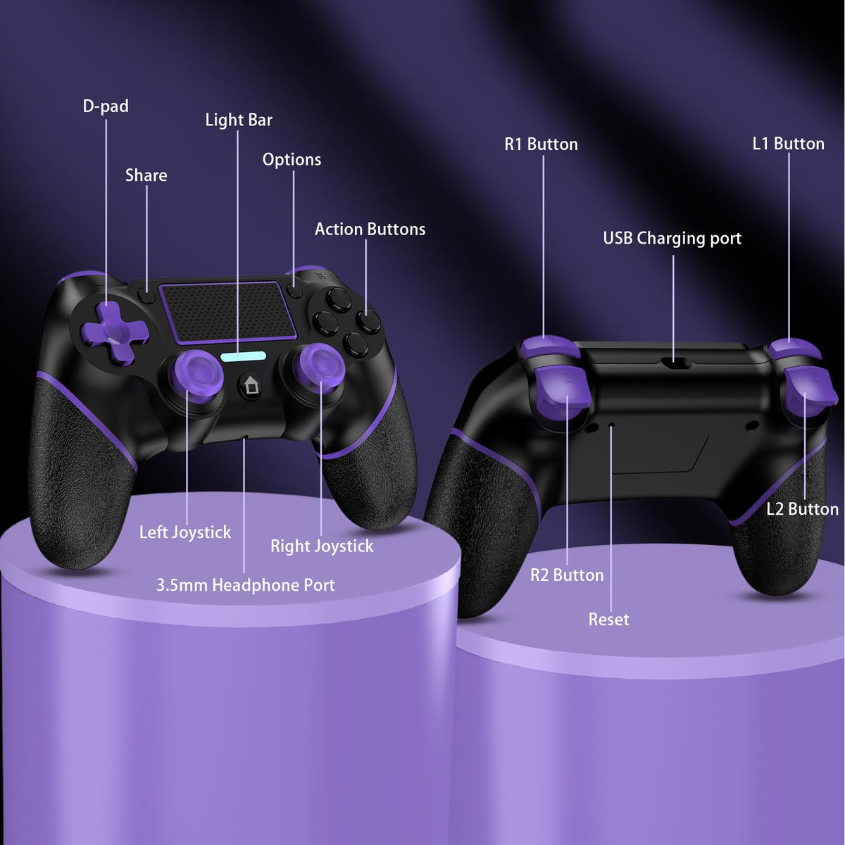 Reddening for PS4 Controller 2 Pack, Controller PS4 for PS4/Pro/Slim/PC, Gamepad Joystick with Turbo/Back Button/Dual Vibration/6-Axis Gyro Sensor/Touch Panel (2 printed purple)