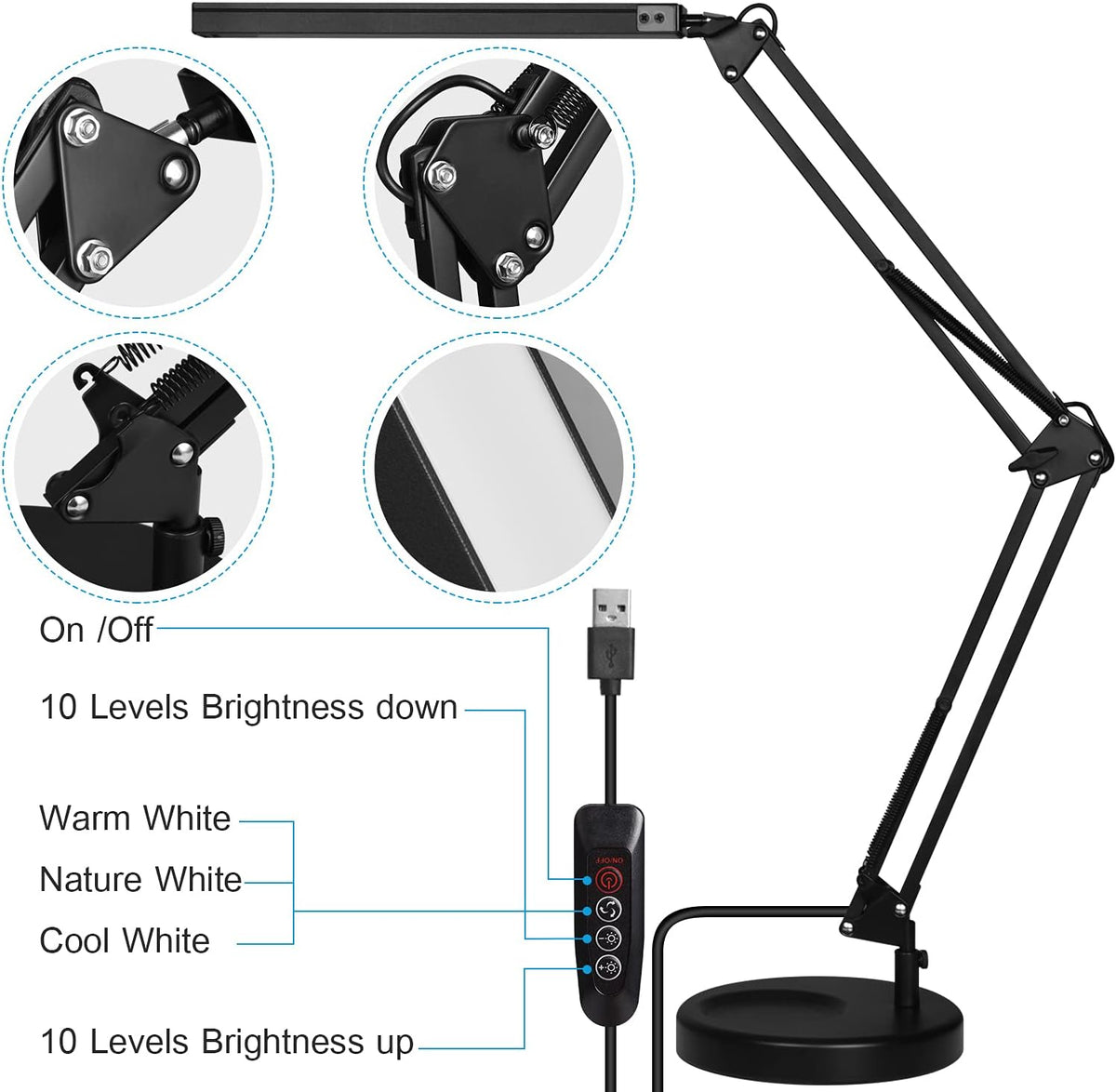 SKYLEO LED Desk Lamp with Clip and Base - Eye Protection Desk Lamps Black