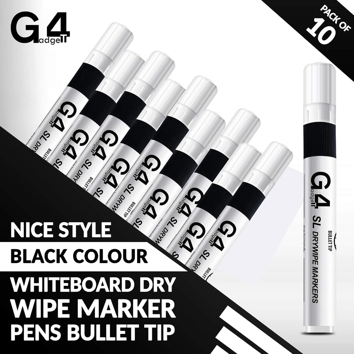 G4GADGET Nice Style Pack of 10 Non-Toxic Ink Black Colour Whiteboard Dry Wipe Marker Pens Bullet Tip
