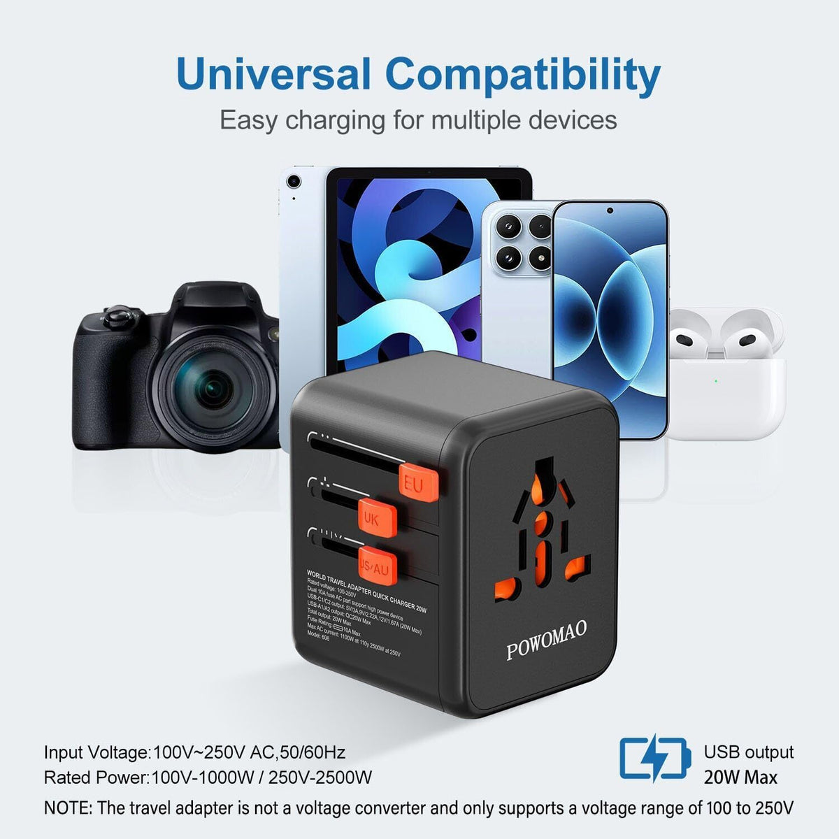 Universal Travel Adapter Worldwide with 2 USB C and 2 USB A Ports