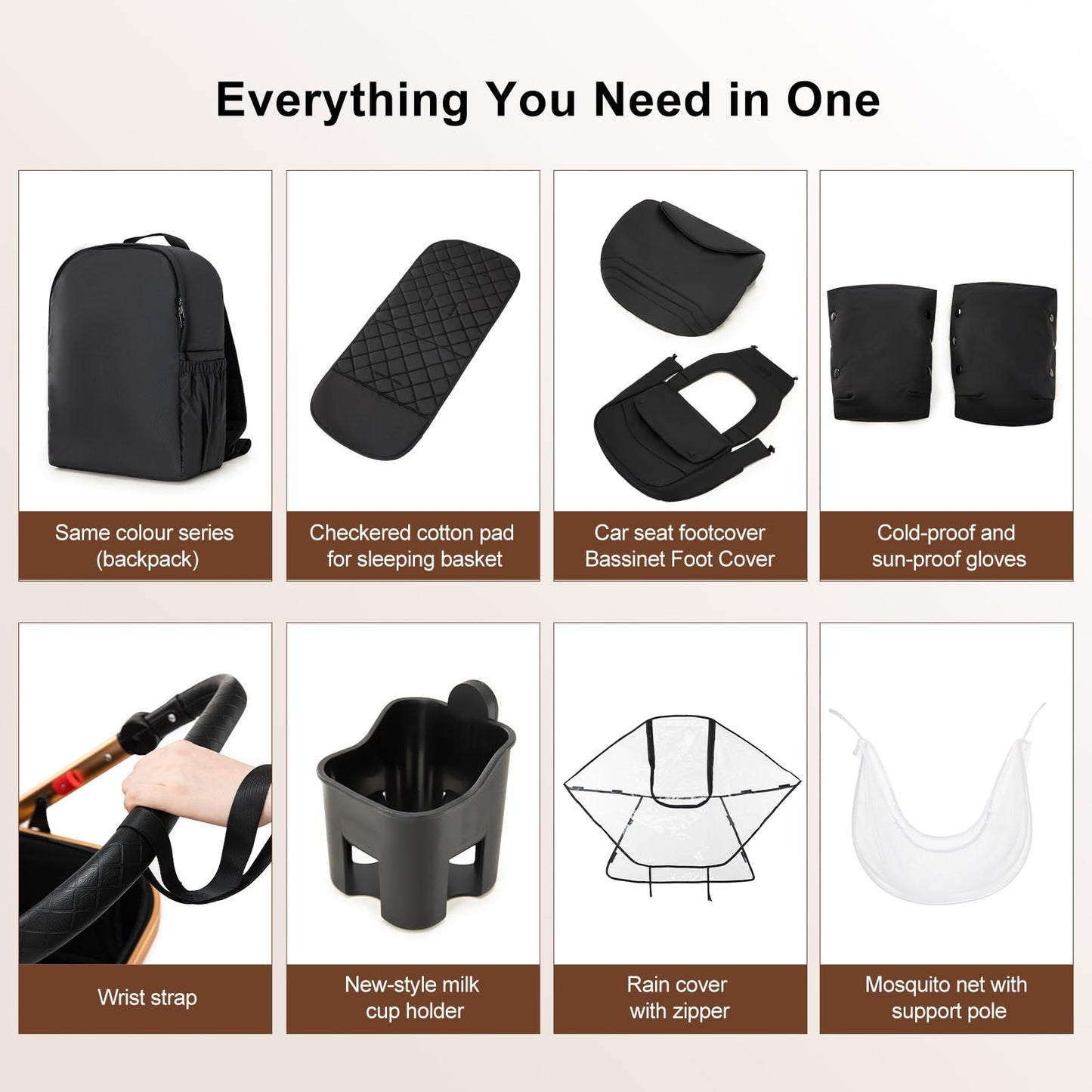 Zkipm Baby Pram 3 in 1, Foldable Baby Stroller,Pram Set Travel with Adjustable-Height Push Handle, Present Rain Cover, Mosquito Net, Bag, Cooling Mat, ect for Ages 0–3