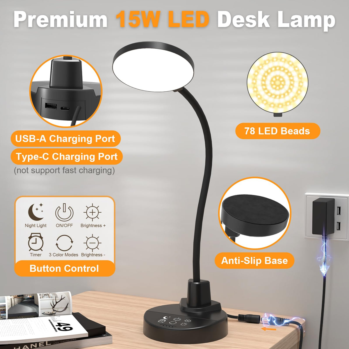 60 LED Desk Lamp with USB Charging Ports – Dimmable Table Lamp with 3 Color Temps, 5 Brightness, 4 Timers, 15W Flexible Gooseneck Light with Base, Eye-Caring Reading Light for Home Office, Bedroom