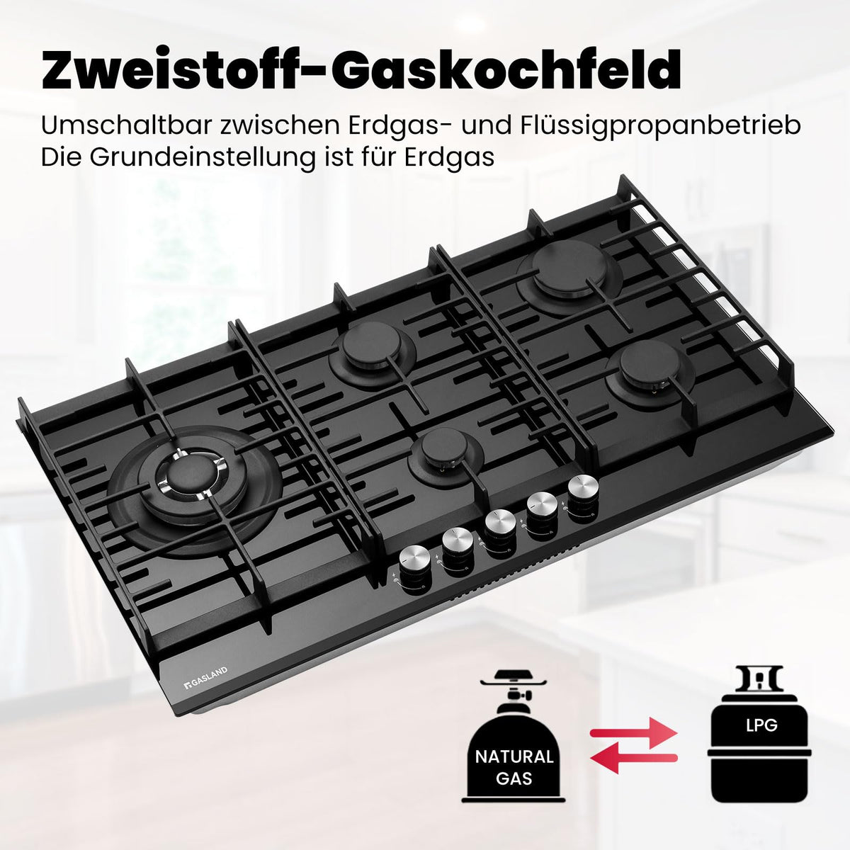 GASLAND GH60SF 60cm Built-in Gas Hob, 4 Burners Stainless Steel Gas Cooktop with Flame Failure Protection, NG/LPG Convertible, 8000W