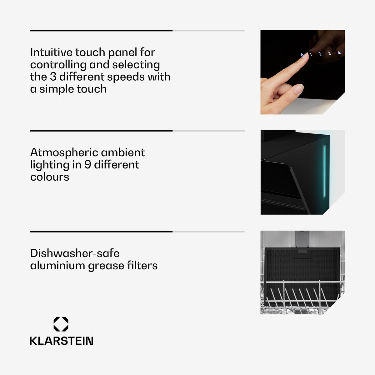 Klarstein Alina 90 Angled Cooker Hood - 615m³/h Air Flow, Touch Panel, LED Backlighting, Quiet 63dB, Energy Class A, 90cm Extractor Hood, Black