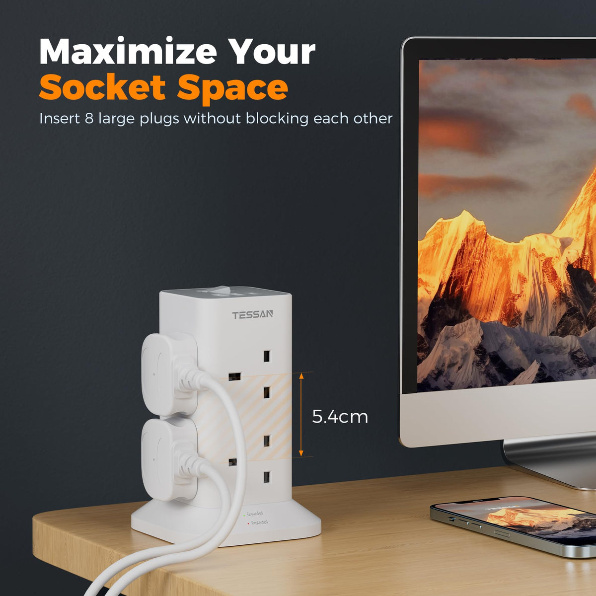 TESSAN Tower Extension Lead with USB C Slots