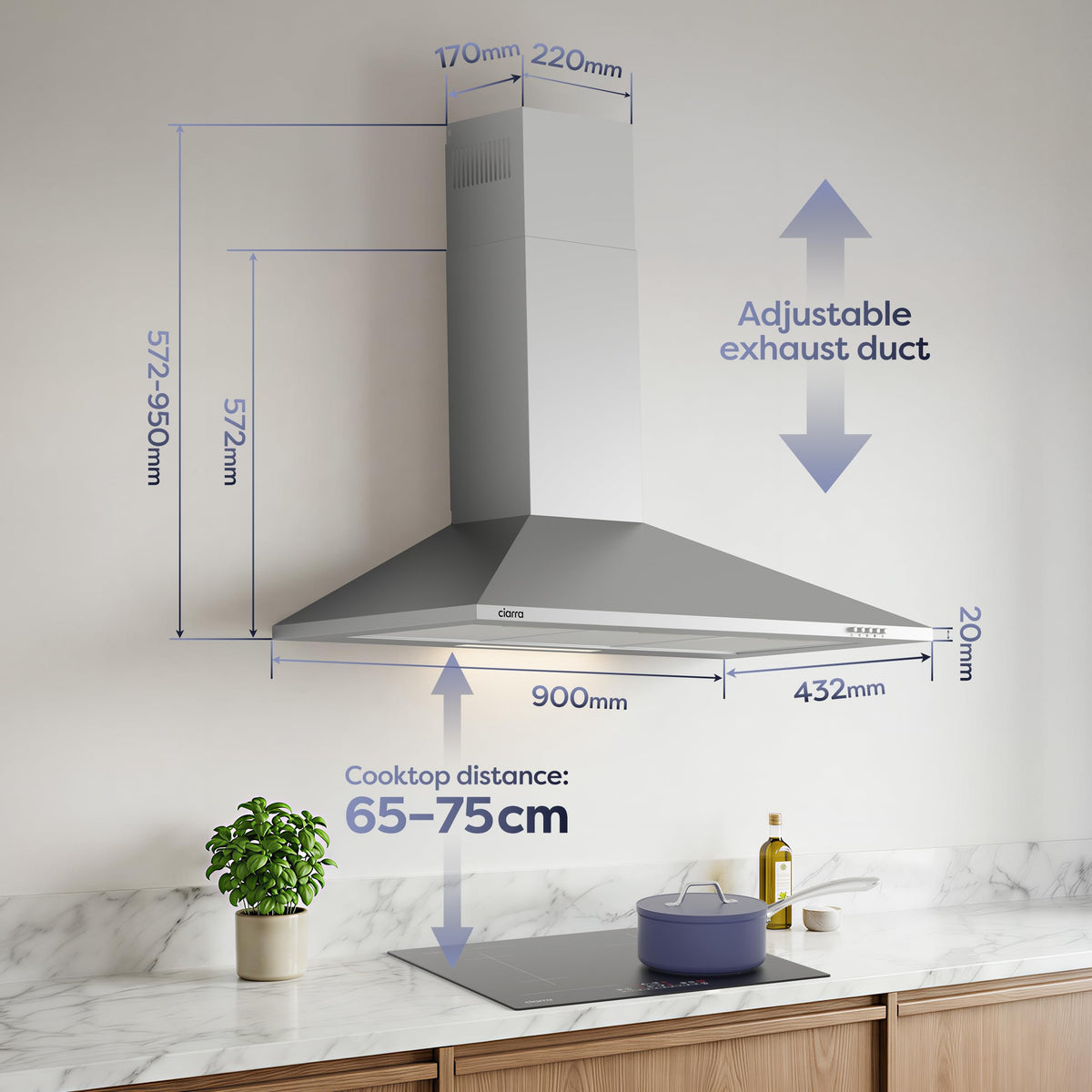 CIARRA 60cm Chimney Cooker Hood, 370m³/h,Ducting & Recirculation,CAS6201A