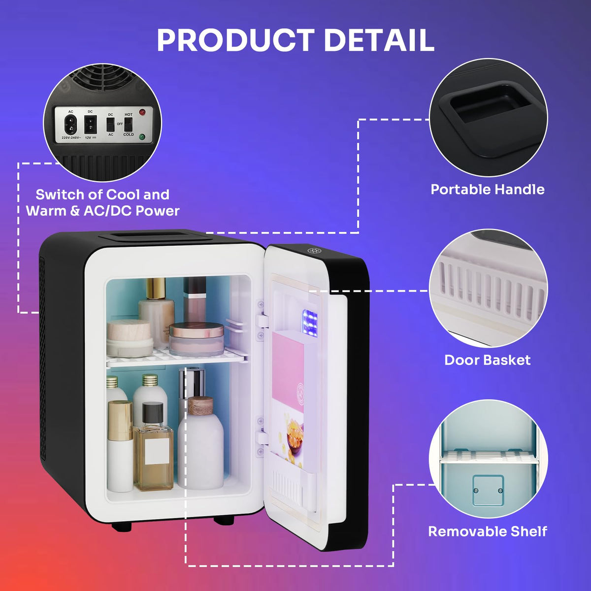 4 Liter Mini Fridge with RGB LED Mirror, AC/DC Skincare Fridge