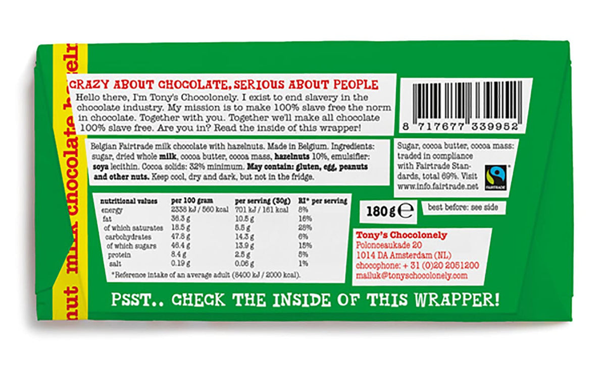 Tony's Chocolonely Milk Chocolate Bar - 180g Belgian Fairtrade Chocolate, Gift, 32% Cocoa, Vegetarian