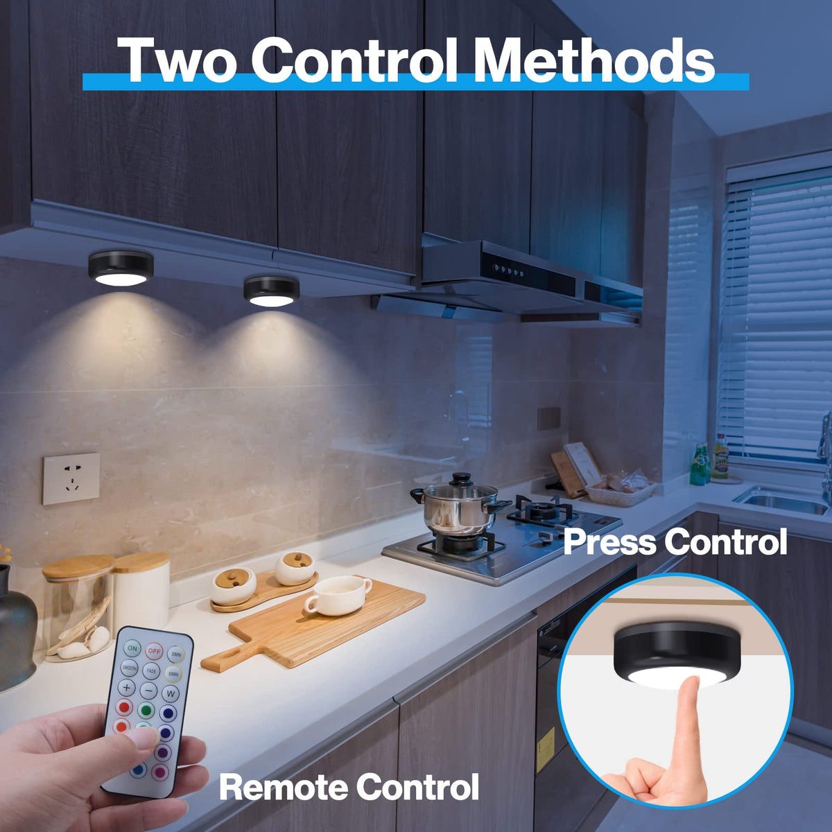 Under Cabinet Lights RGB Wireless Lights LED Closet Lights Night 3000K Dimmable 6pc Cadrim 13 Colors Changing Remote Control Brightness Adjustable Timer Battery Powered Light Kitchen Wardrobe Cupboard