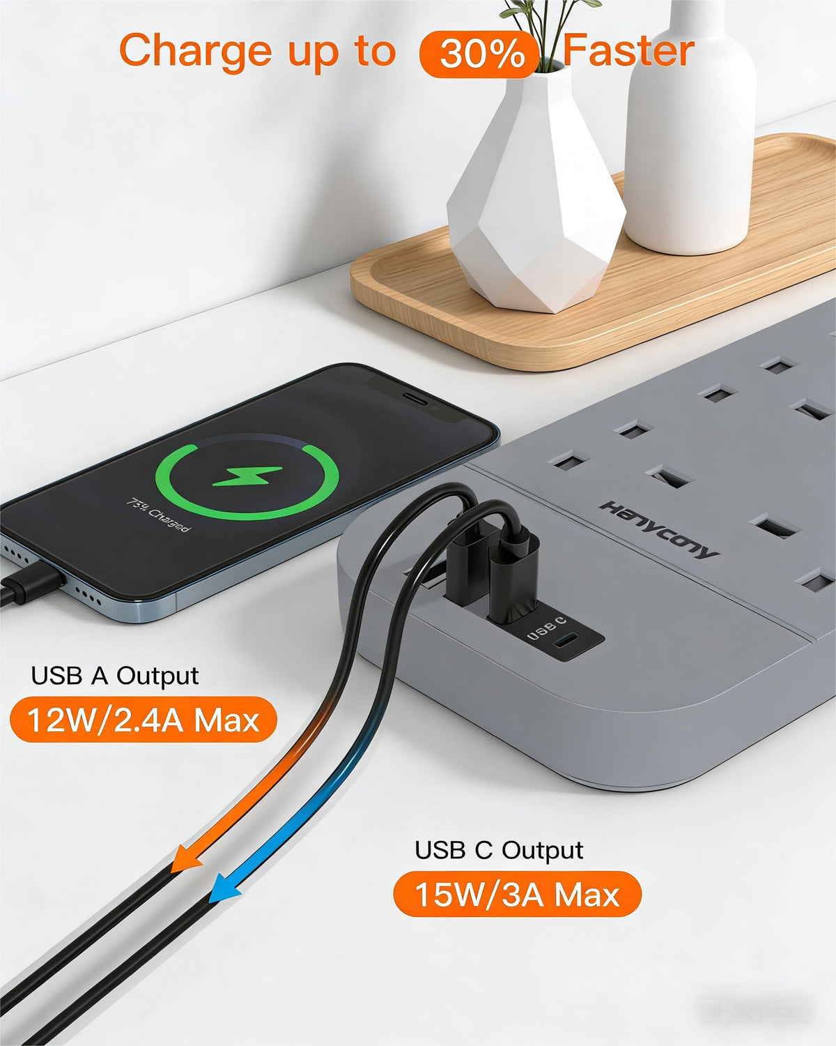 Extension Lead with 2 USB C Slots, 8 Way Power Strip Surge Protector
