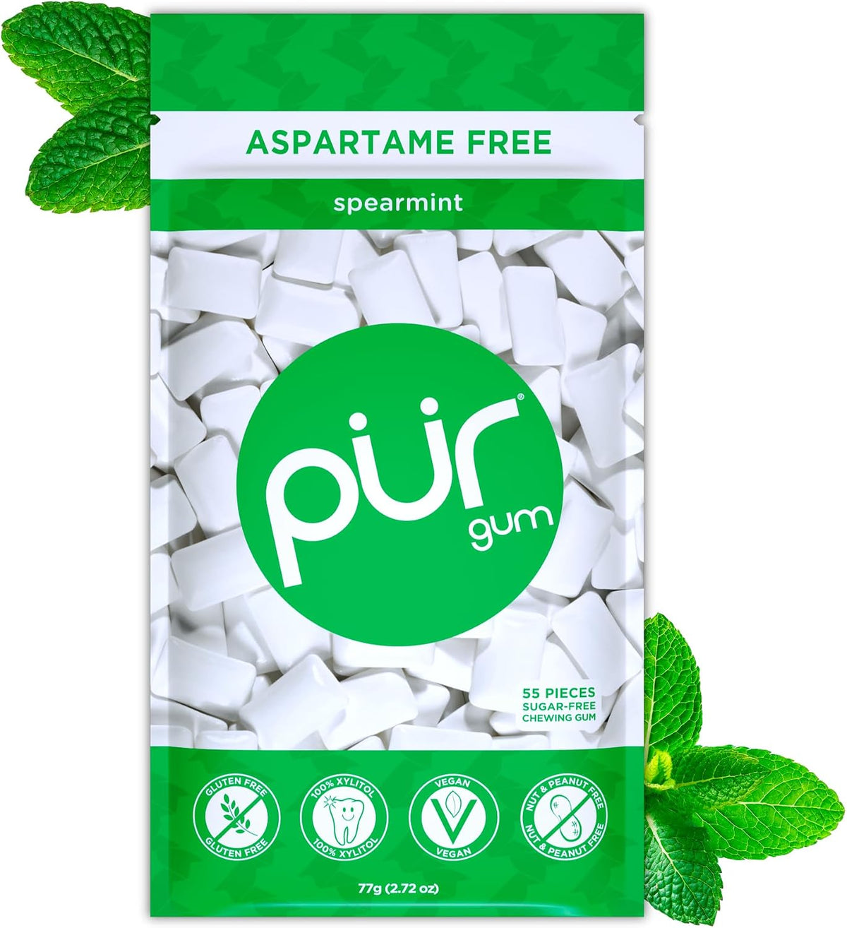 PUR Gum, Spearmint, Xylitol Gum, No Artificial flavour, 55 Count