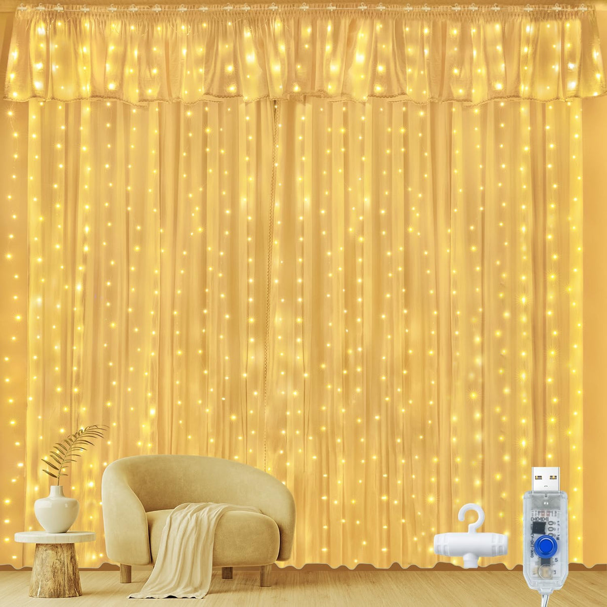 Ollny Curtain Fairy Lights, 300LED 3mx3m Waterfall Hanging String Lights