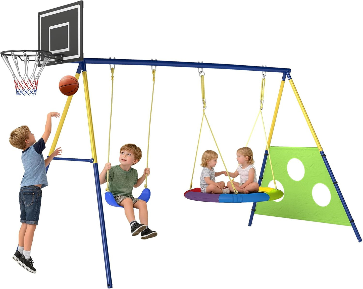 AIYAPLAY 4-in-1 Kids Swing Set with Saucer Swing, Basketball Hoop and Football Goal, Outdoor Playground Playset with Heavy-Duty Metal Frame for Garden, Ages 3-8, Multicolour