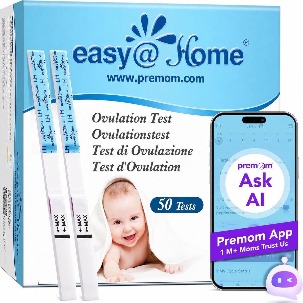 Easy@Home Ovulation Tests 25 Pack, LH Test Kit Powered by Premom App