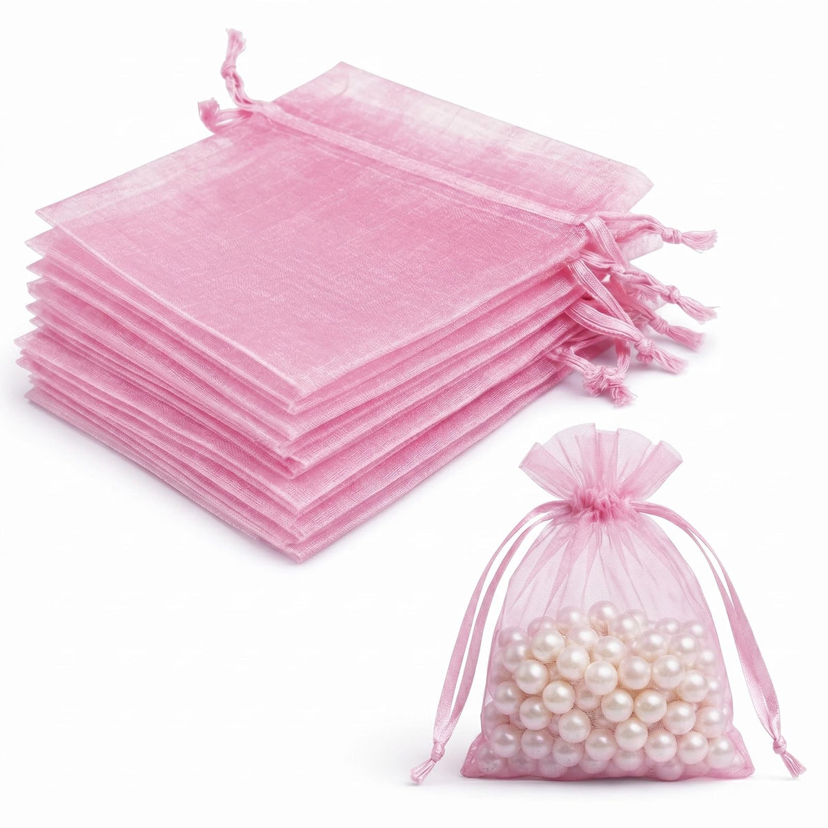 Lafefe 20Pcs Organza Gift Pouches, 7x9CM Clear Mesh Drawstring Pouches, Organza Gift Bags for Wedding Favours, Party, Festival, Candy and Game Favour Bags - Pink