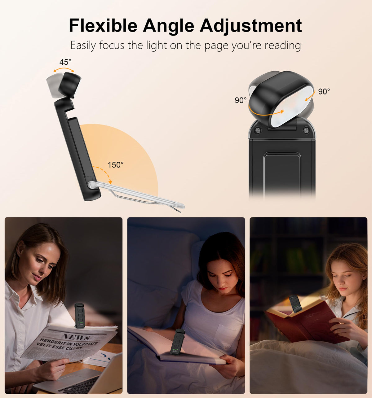 Gritin Book Light Rechargeable, Reading Light Lamp Clip on Books